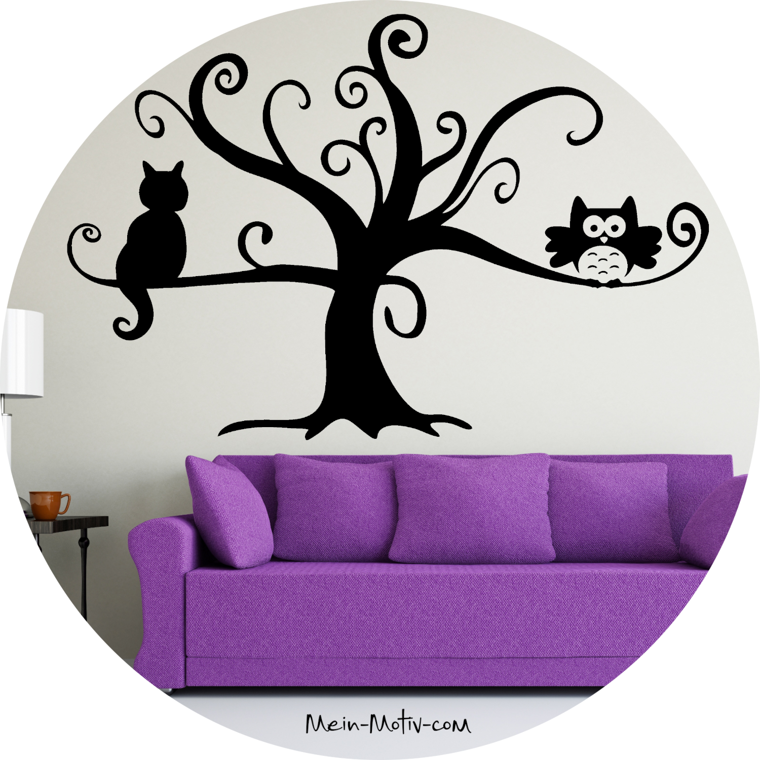 Wandtattoo Baum mit Katze und Eule