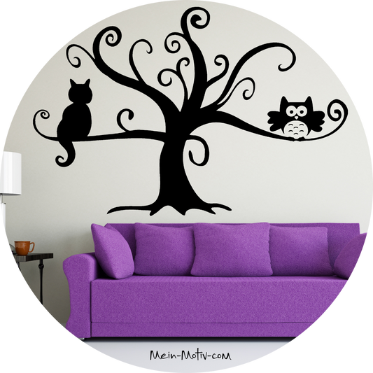 Wandtattoo Baum mit Katze und Eule