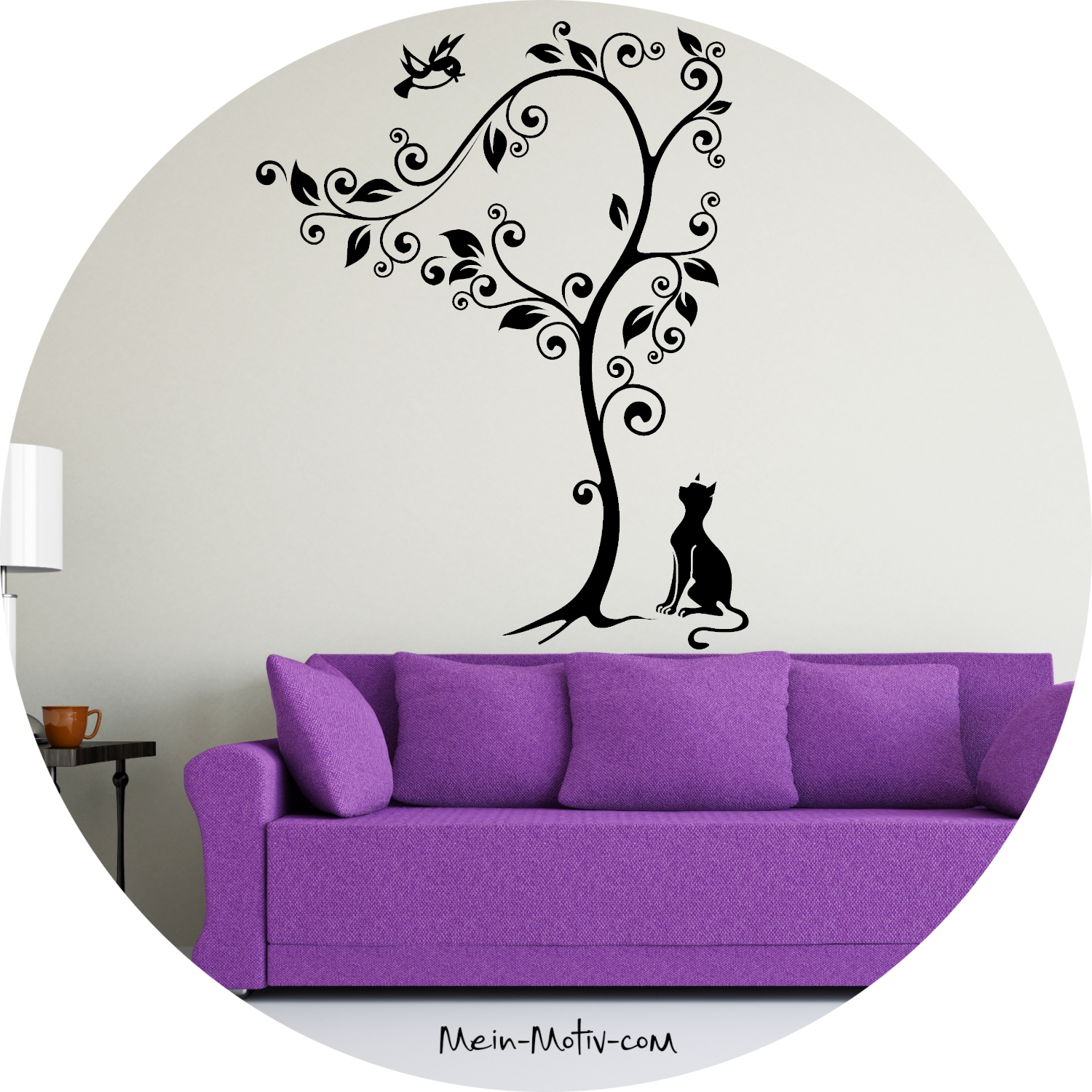 Wandtattoo Katze mit Baum und Vogel