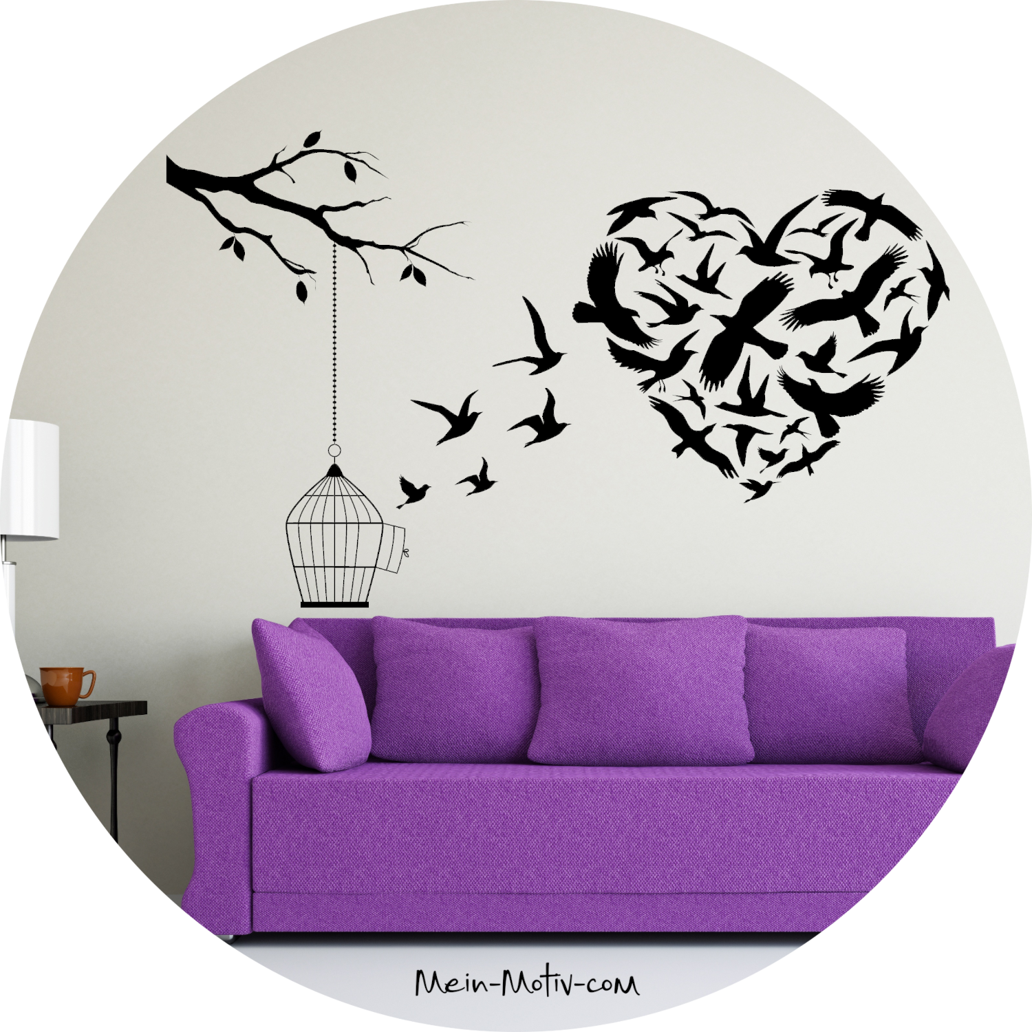 Wandtattoo Ast mit Herz aus Vögeln