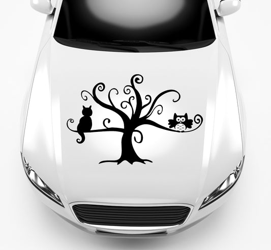 Autoaufkleber Baum mit Katze und Eule