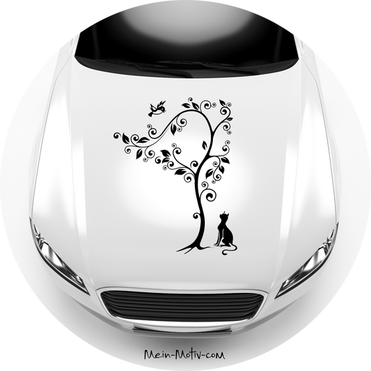 Autoaufkleber Baum mit Katze und Vogel