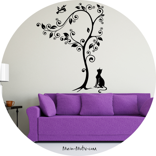 Wandtattoo Katze mit Baum und Vogel