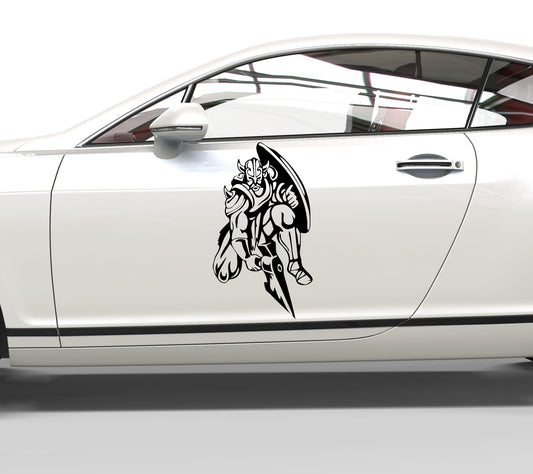 Autoaufkleber Wikinger mit Axt und Schild kniend