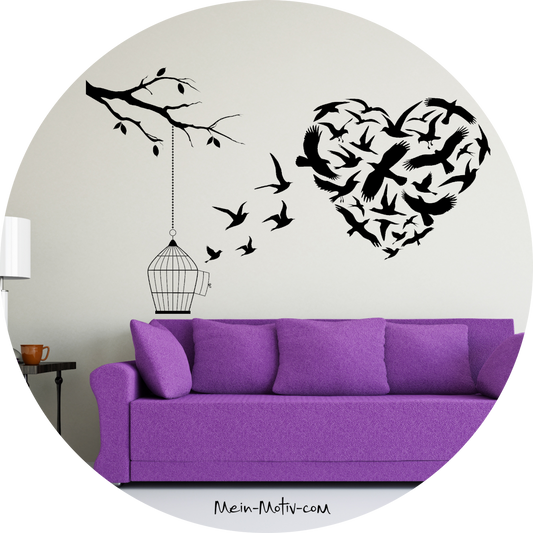 Wandtattoo Ast mit Herz aus Vögeln